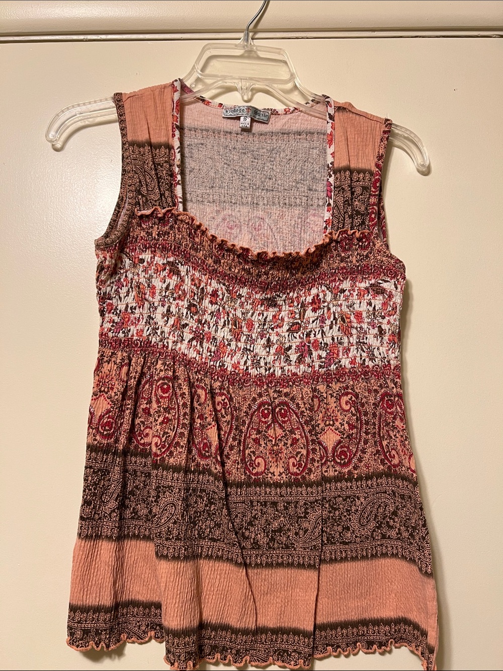 Vintage Suzie Peach and Brown Paisley Smocked Tank